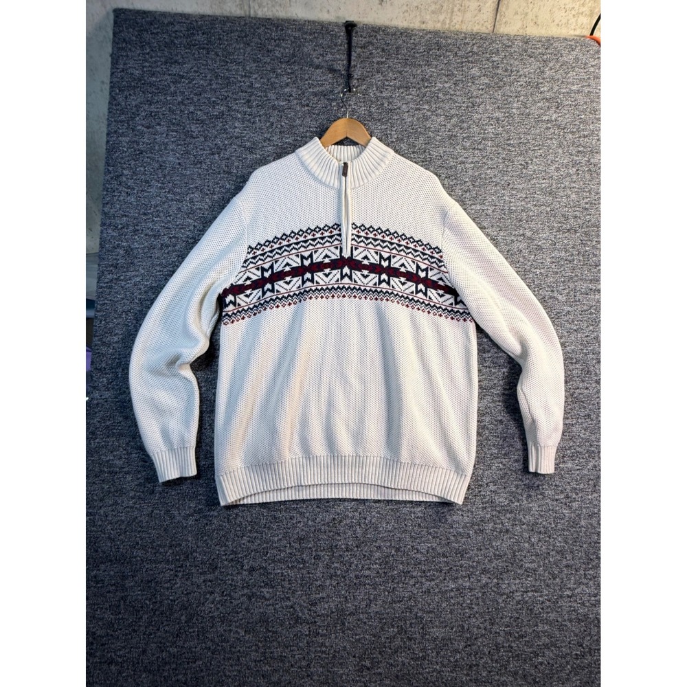 IZOD Mens XXL Quarter‎ Zip Sweater Cream Fair Isle Waffle Knit Cotton Blend Mock